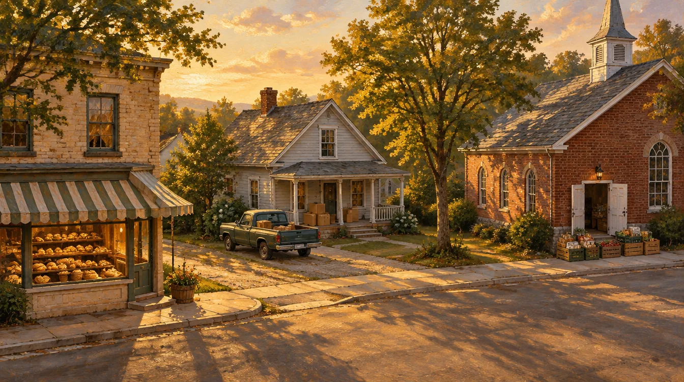 Ένας πίνακας με τον δρόμο μιας μικρής πόλης στο χρυσό φως του απογεύματος: ένας φούρνος με ριγέ τέντα, ένα σπίτι με ένα φορτηγάκι και κούτες μετακόμισης, και μια τούβλινη ενοριακή αίθουσα με κιβώτια τροφίμων δίπλα στην πόρτα