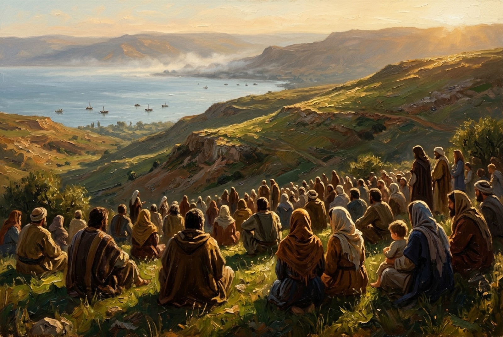 A crowd of farmers, fishermen and families sits on a green hillside above the Sea of Galilee.