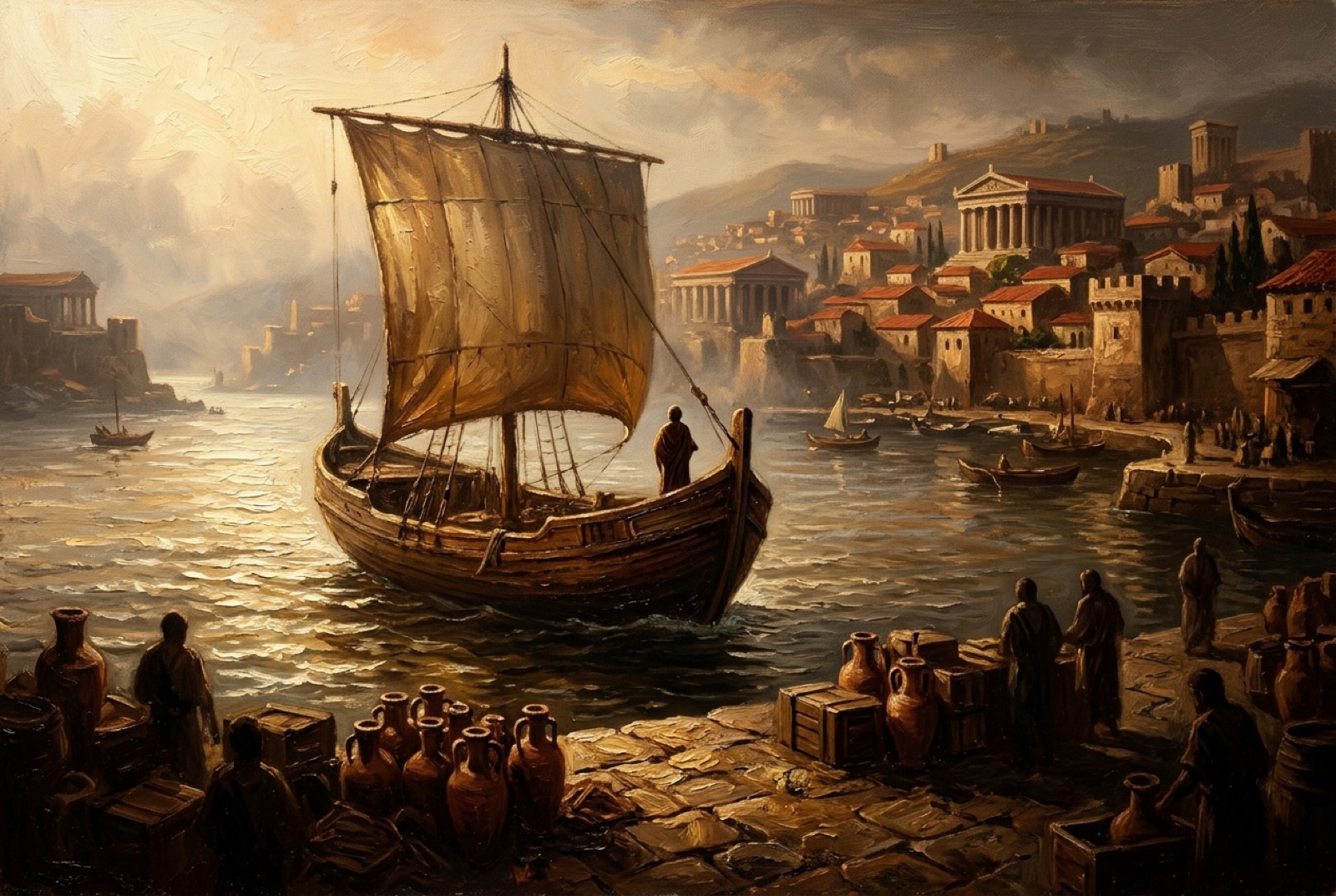 A merchant ship with a square sail comes into a busy Roman harbor at dawn.