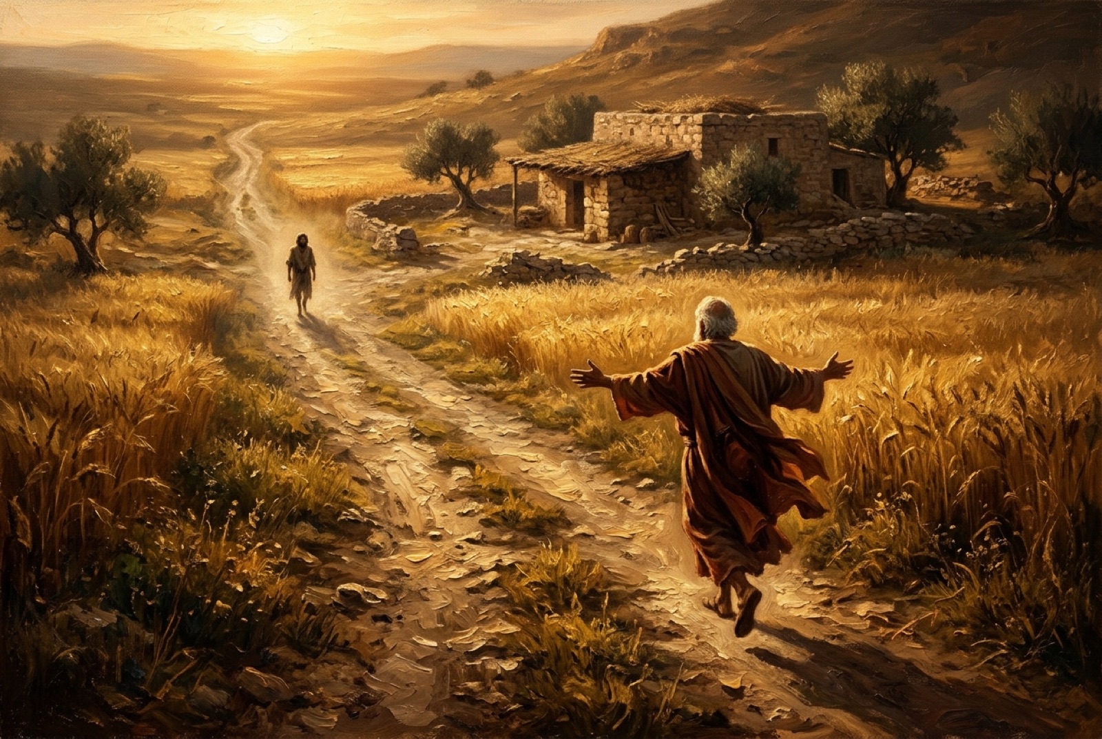 An old man runs down a dusty farm road at sunset toward a distant traveler.