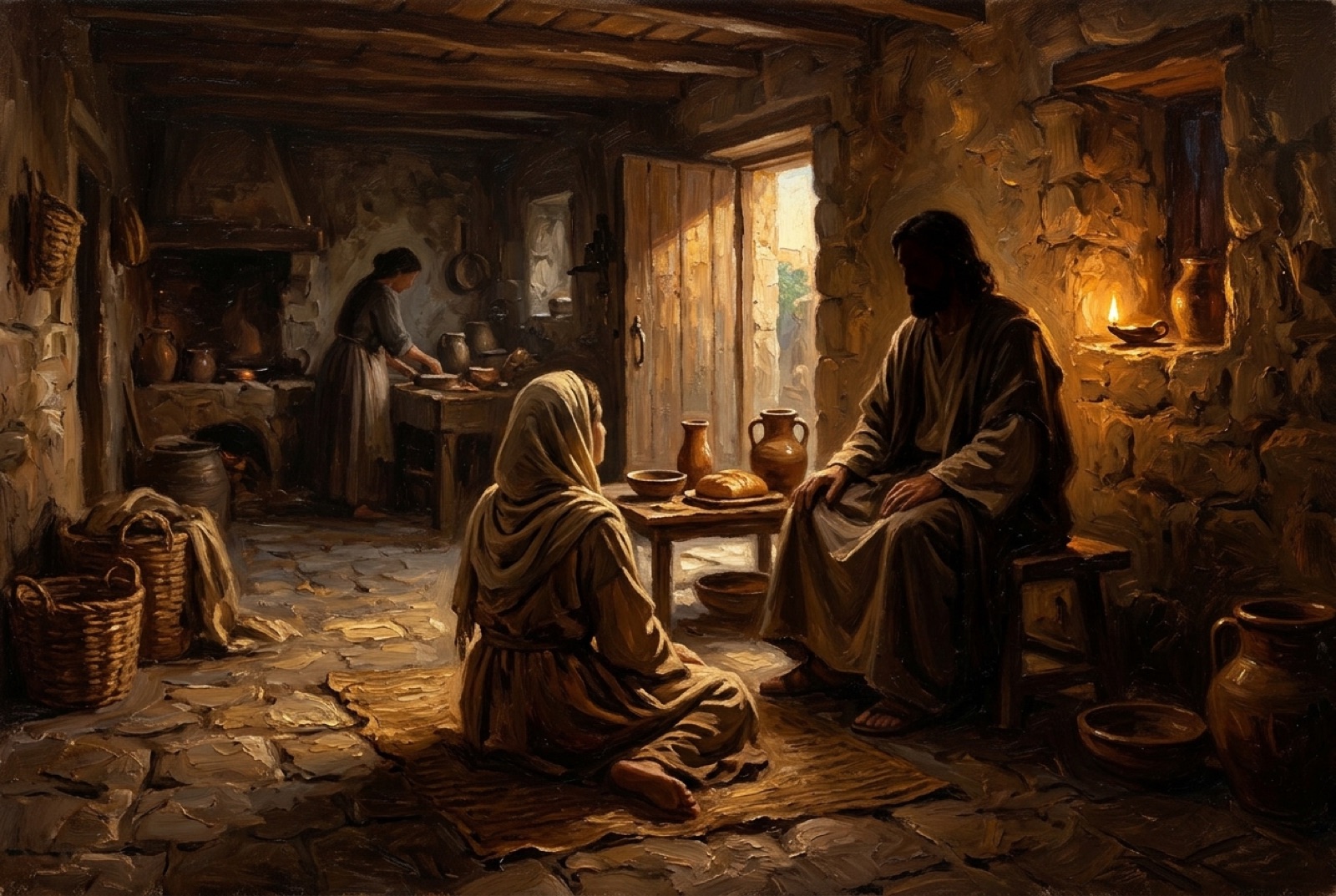 A woman sits on the floor of a lamplit stone house at the feet of a teacher while another woman works in the kitchen.
